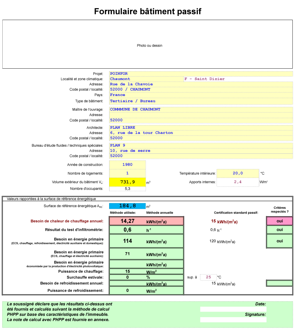 restructuration d’anciens garages en bureaux certifiés Passivhaus à Chaumont (52) : formulaire récapitulatif des calculs PHPP